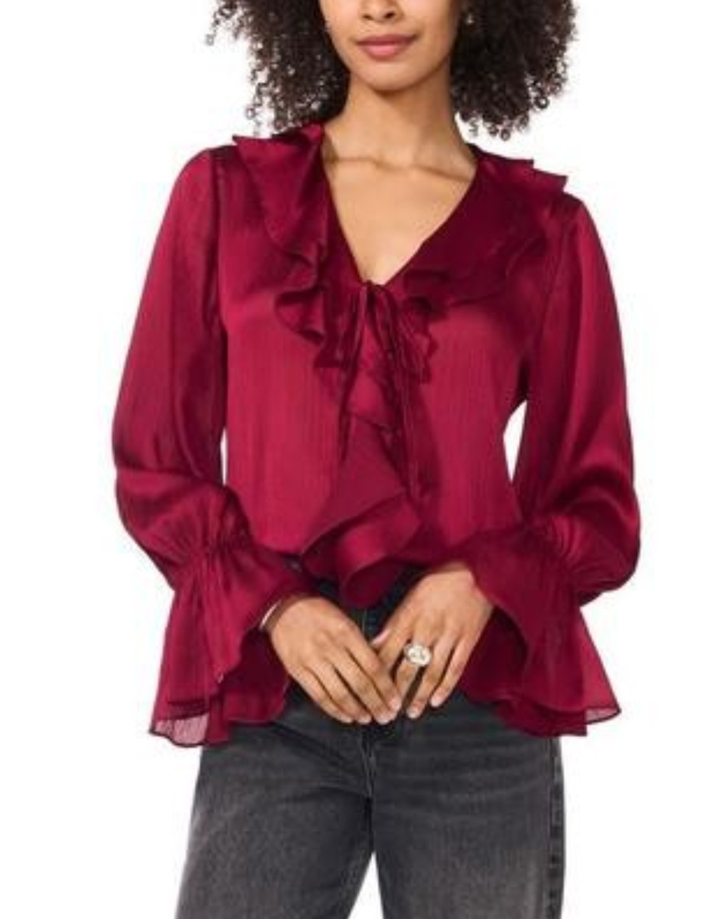 Vince Camuto Women Ruffled V-Neck Bell Sleeve Top Deep Sangria Size M